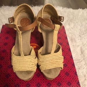 Tory Burch T Strap Macrame Raffia Carina Wedges